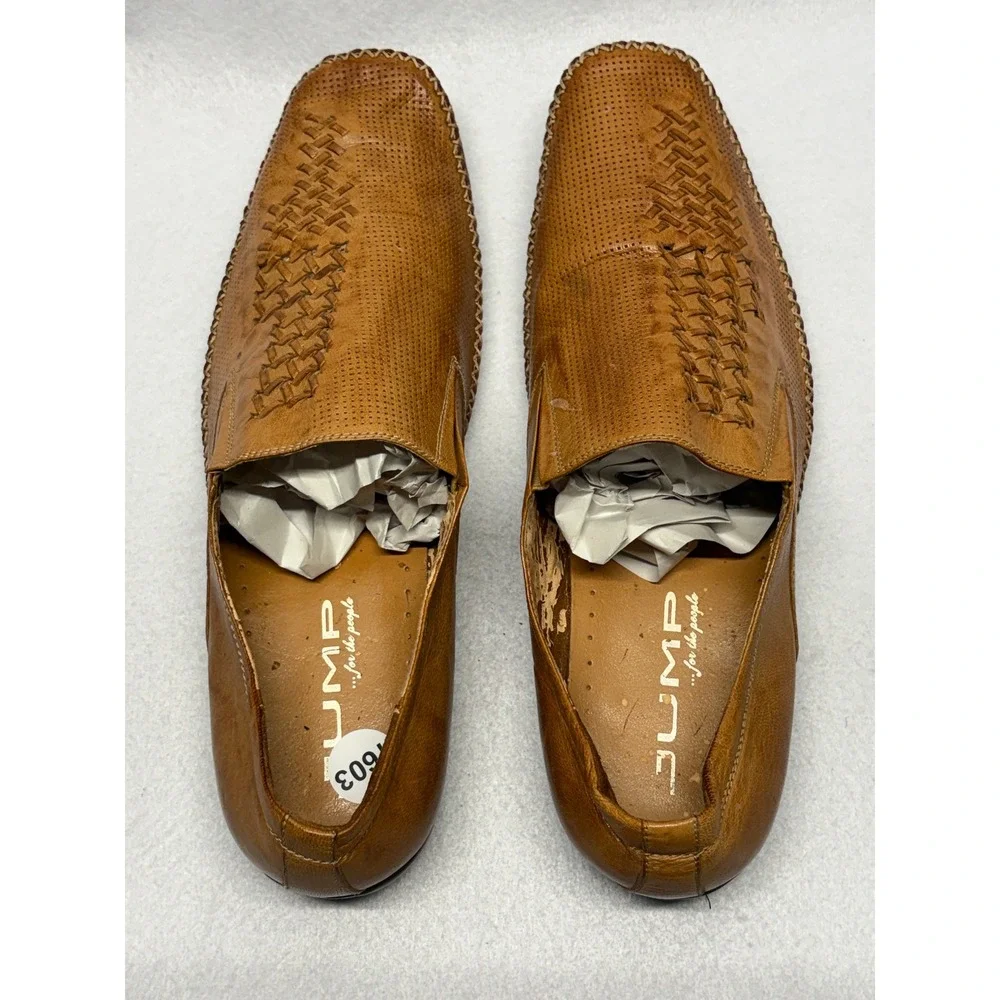 Jump for the People Mens Tan Leather Perforated Woven Slip On Loafers 10.5